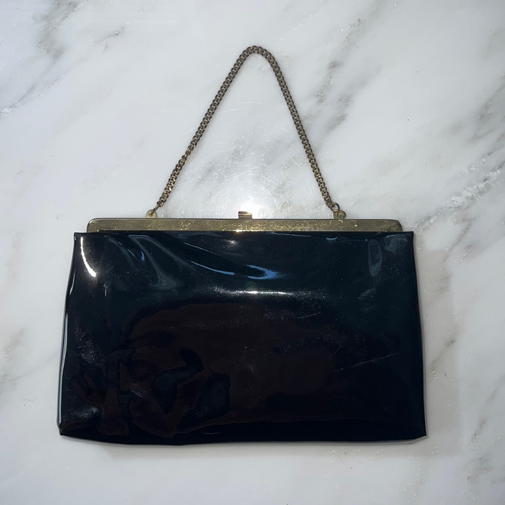 Unknown Vintage Black Patent Leather Purse with Gold Hardware